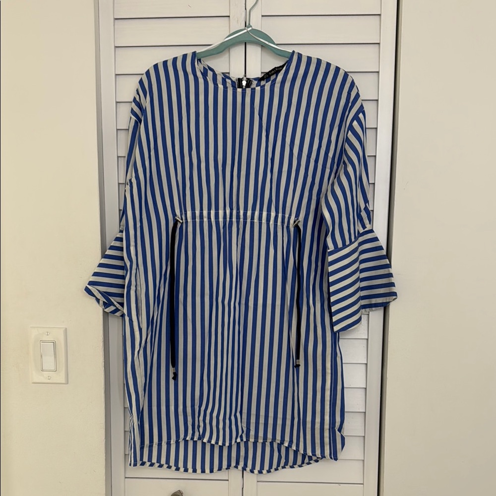 Zara Blue and White Tunic with Mandarin Collar and Tie Front